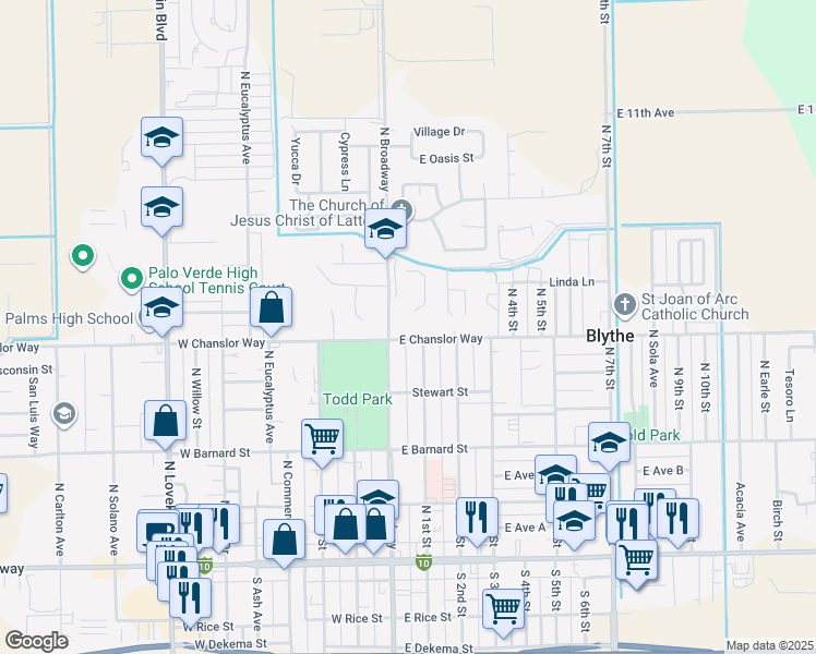 map of restaurants, bars, coffee shops, grocery stores, and more near 500 North Broadway in Blythe