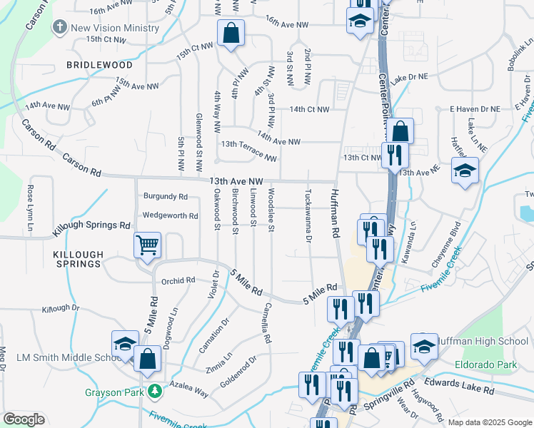 map of restaurants, bars, coffee shops, grocery stores, and more near 1208 Woodslee Street in Birmingham