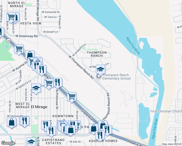 map of restaurants, bars, coffee shops, grocery stores, and more near 14700 North El Frio Street in El Mirage