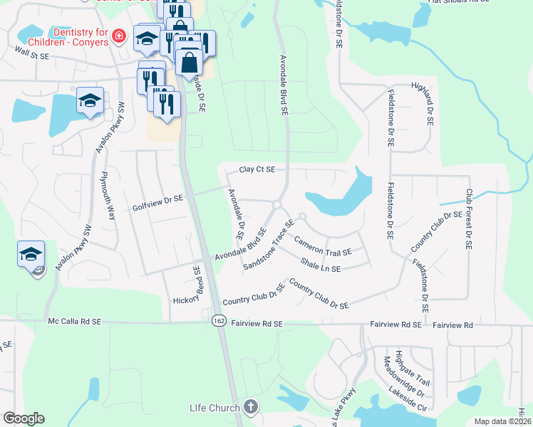 map of restaurants, bars, coffee shops, grocery stores, and more near 3043 Avondale Boulevard Southeast in Conyers