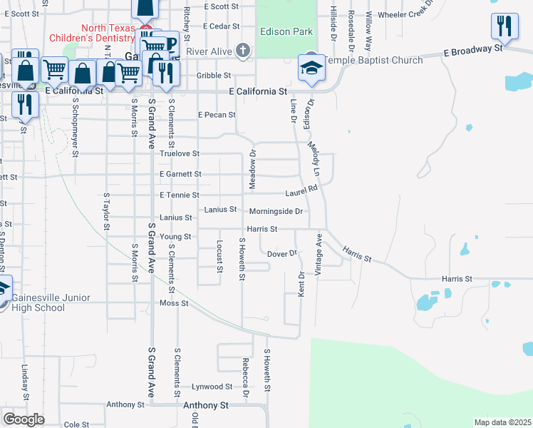 map of restaurants, bars, coffee shops, grocery stores, and more near 1708 Morningside Drive in Gainesville