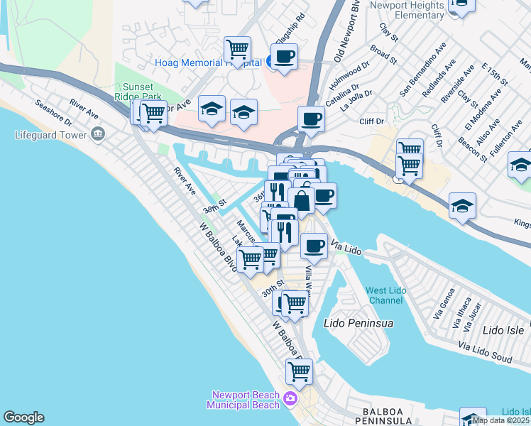 map of restaurants, bars, coffee shops, grocery stores, and more near 508 35th Street in Newport Beach