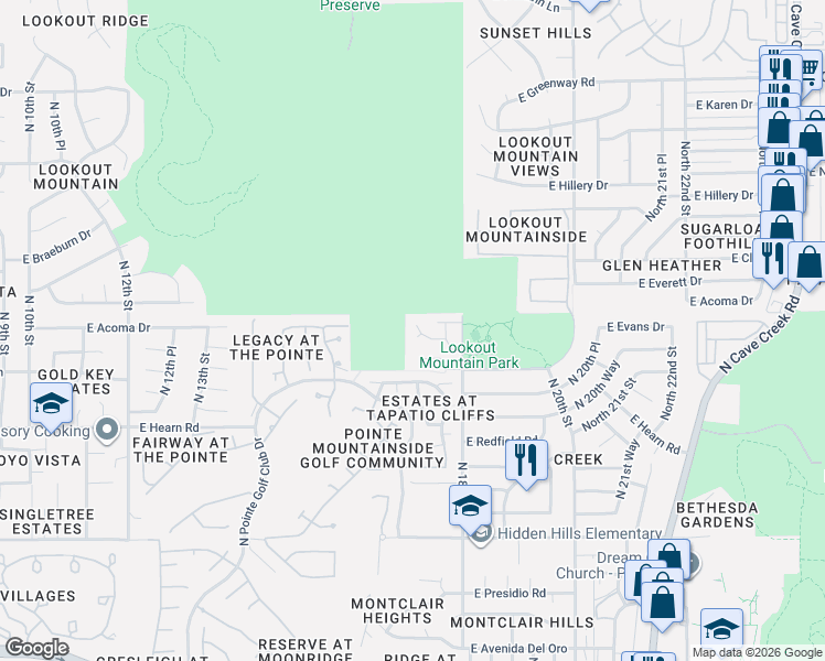 map of restaurants, bars, coffee shops, grocery stores, and more near 1709 East Gelding Drive in Phoenix