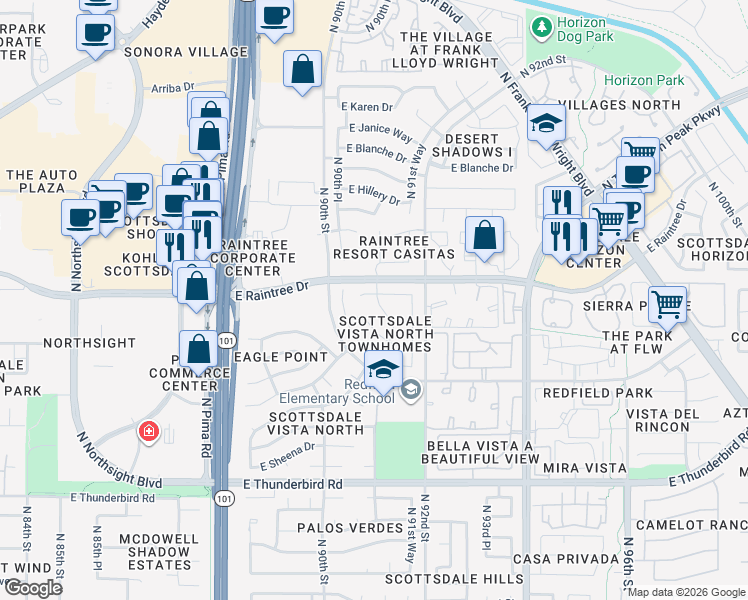 map of restaurants, bars, coffee shops, grocery stores, and more near 9091 E Evans Dr in Scottsdale