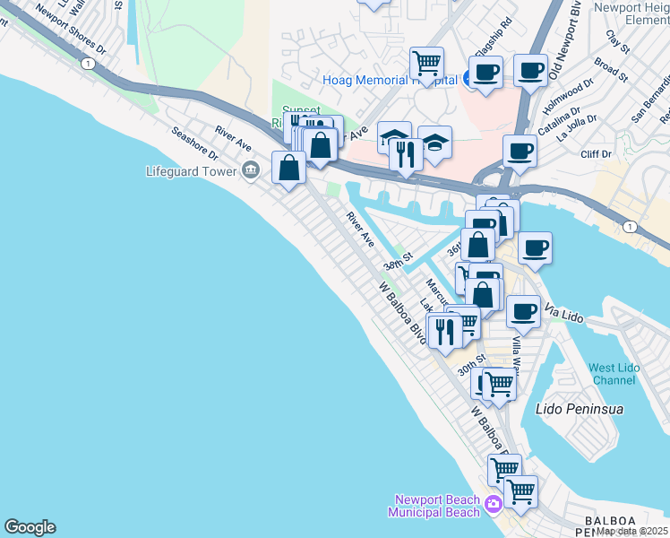 map of restaurants, bars, coffee shops, grocery stores, and more near 3917 Seashore Drive in Newport Beach