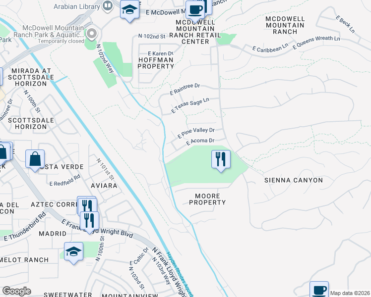 map of restaurants, bars, coffee shops, grocery stores, and more near 10375 East Acoma Drive in Scottsdale