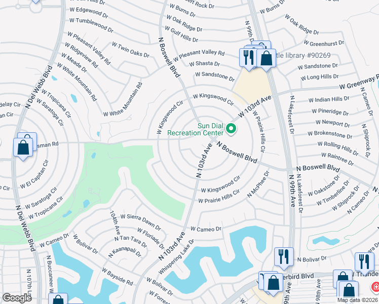 map of restaurants, bars, coffee shops, grocery stores, and more near 10522 West Bellarose Drive in Sun City