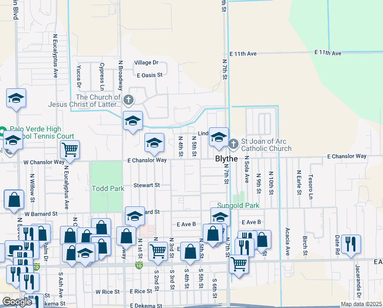 map of restaurants, bars, coffee shops, grocery stores, and more near 511 North 5th Street in Blythe