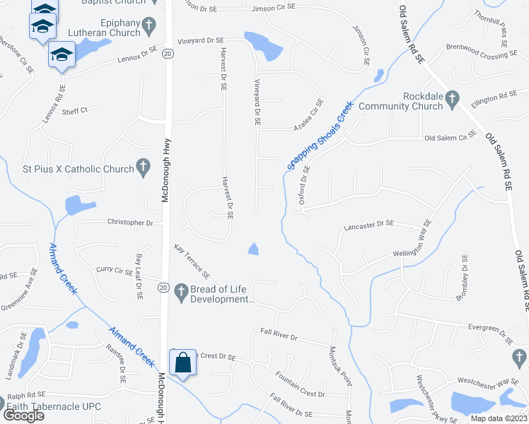 map of restaurants, bars, coffee shops, grocery stores, and more near 1300 Vineyard Drive Southeast in Conyers