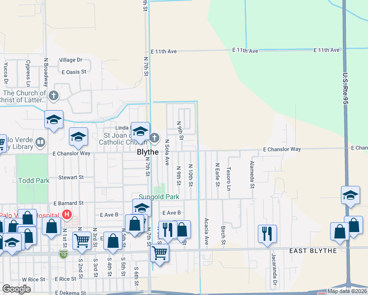 map of restaurants, bars, coffee shops, grocery stores, and more near 1021 East Chanslor Way in Blythe