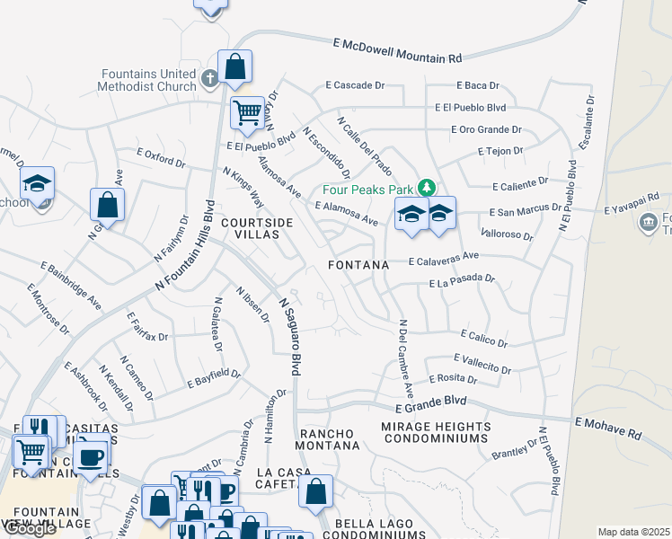 map of restaurants, bars, coffee shops, grocery stores, and more near 14444 Yerba Buena Way in Fountain Hills