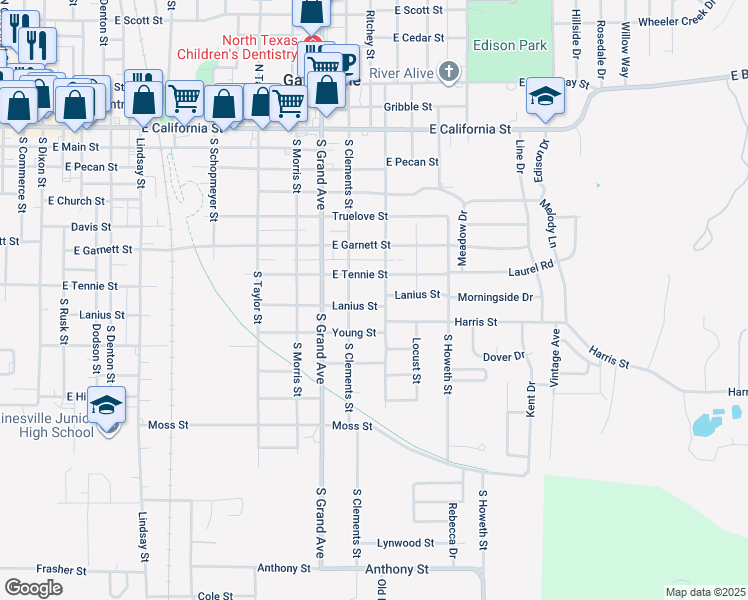 map of restaurants, bars, coffee shops, grocery stores, and more near 1329 Lanius Street in Gainesville