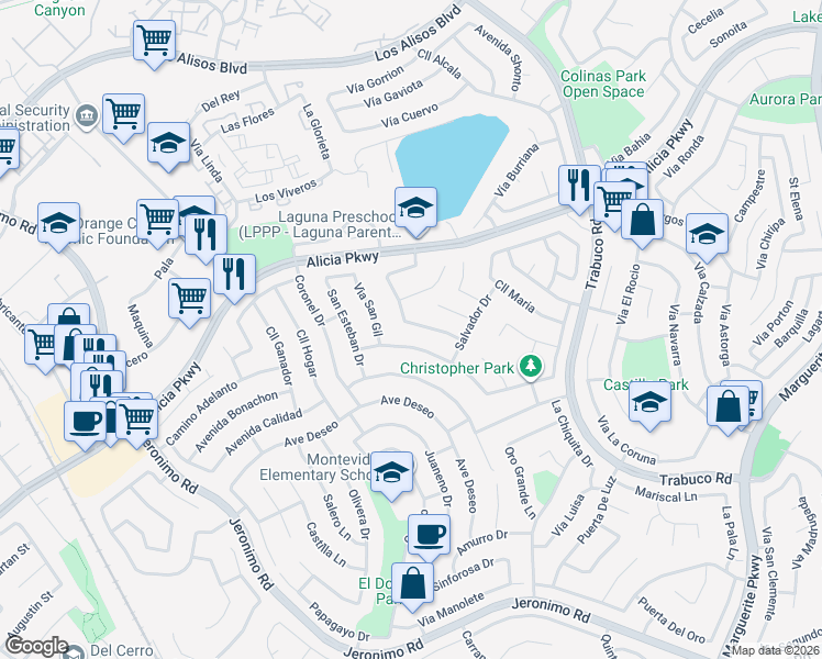 map of restaurants, bars, coffee shops, grocery stores, and more near 26536 Avenida Veronica in Mission Viejo