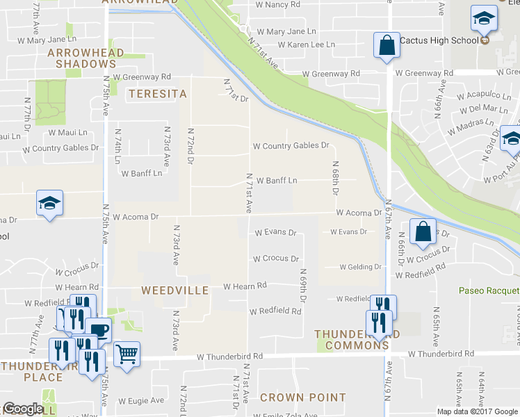 map of restaurants, bars, coffee shops, grocery stores, and more near 7032 West Acoma Drive in Peoria