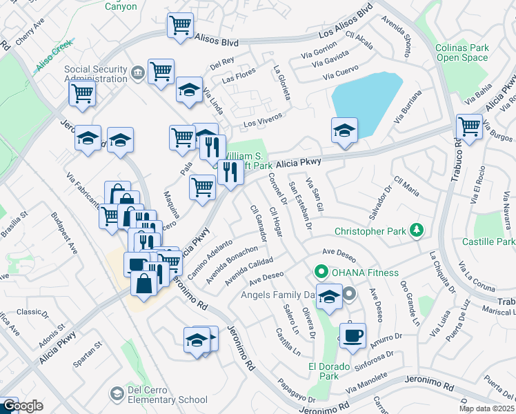 map of restaurants, bars, coffee shops, grocery stores, and more near 23742 Calle Ganador in Mission Viejo
