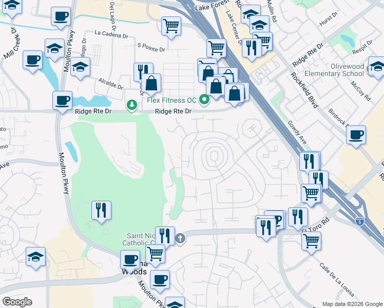map of restaurants, bars, coffee shops, grocery stores, and more near 2317 Via Puerta in Laguna Woods