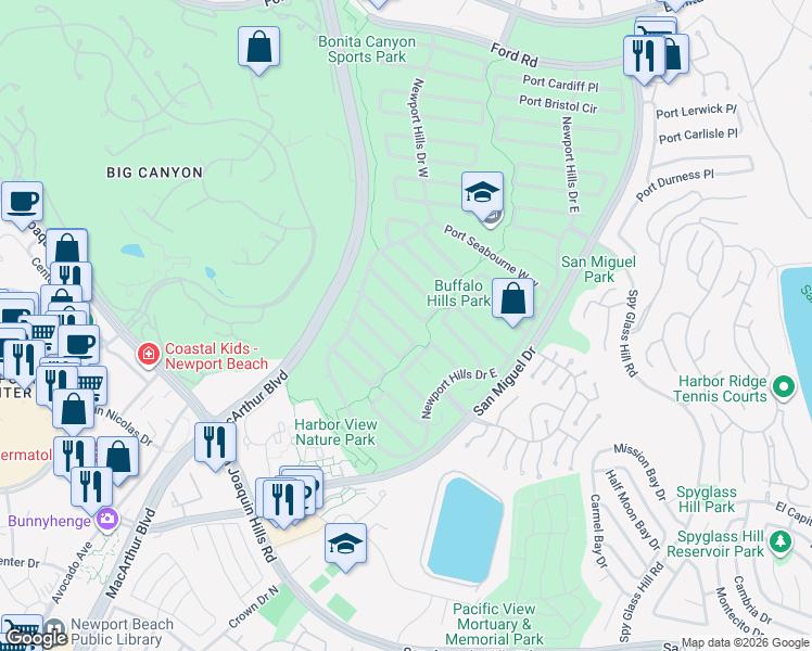 map of restaurants, bars, coffee shops, grocery stores, and more near 1854 Port Carlow Place in Newport Beach