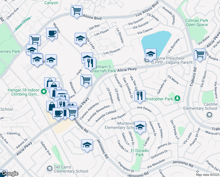 map of restaurants, bars, coffee shops, grocery stores, and more near 23742 Calle Ganador in Mission Viejo