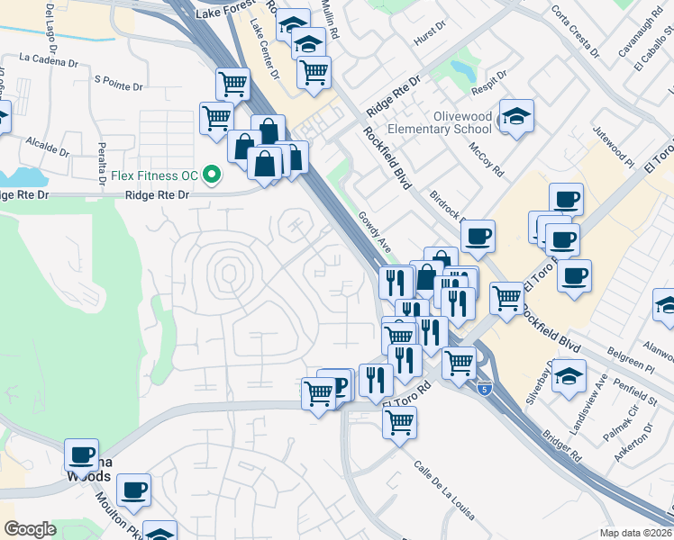 map of restaurants, bars, coffee shops, grocery stores, and more near 2128 Via Puerta in Laguna Woods