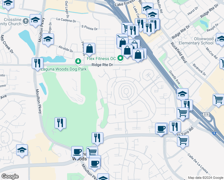 map of restaurants, bars, coffee shops, grocery stores, and more near 3337 Punta Alta in Laguna Woods