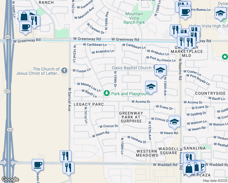 map of restaurants, bars, coffee shops, grocery stores, and more near 15851 West Banff Lane in Surprise