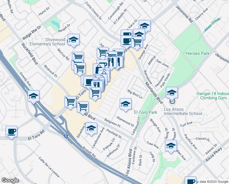 map of restaurants, bars, coffee shops, grocery stores, and more near 24701 Raymond Way in Lake Forest