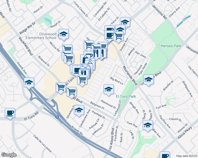 map of restaurants, bars, coffee shops, grocery stores, and more near 24701 Raymond Way in Lake Forest