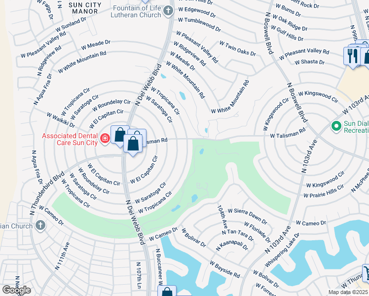 map of restaurants, bars, coffee shops, grocery stores, and more near 10536 West Tropicana Circle in Sun City
