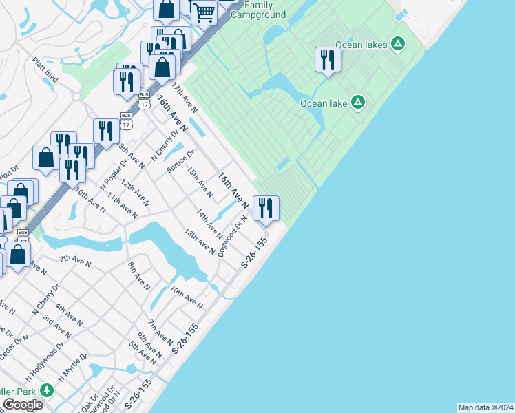 map of restaurants, bars, coffee shops, grocery stores, and more near 1519 North Palmetto Drive in Surfside Beach
