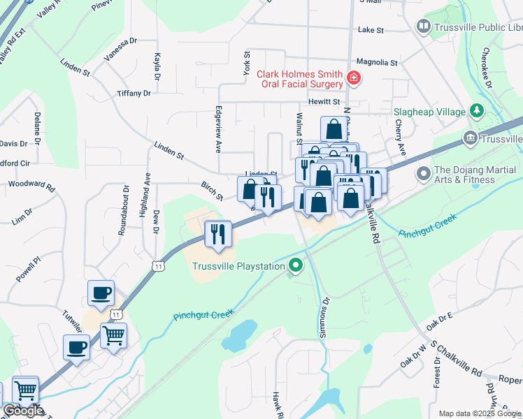 map of restaurants, bars, coffee shops, grocery stores, and more near 412 Main Street in Trussville