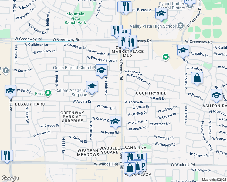 map of restaurants, bars, coffee shops, grocery stores, and more near 15527 West Banff Lane in Surprise