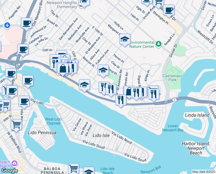 map of restaurants, bars, coffee shops, grocery stores, and more near 1603 Cliff Drive in Newport Beach