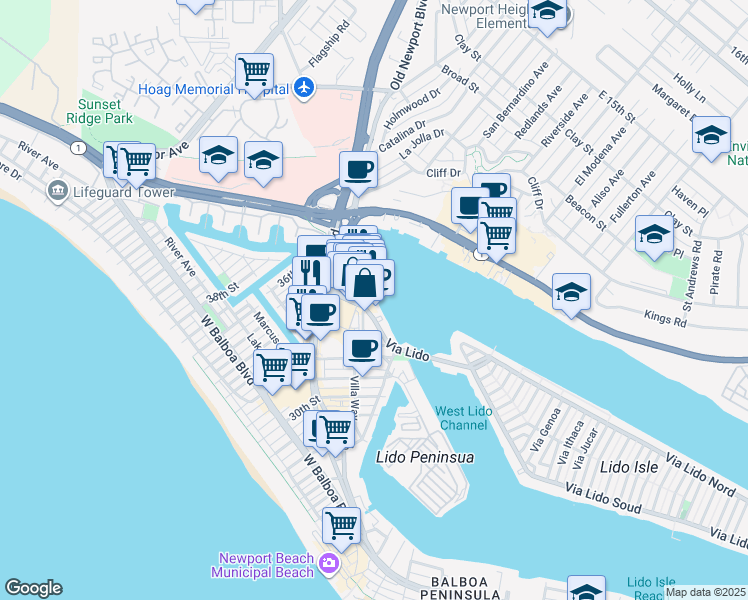 map of restaurants, bars, coffee shops, grocery stores, and more near 3400a Via Lido in Newport Beach