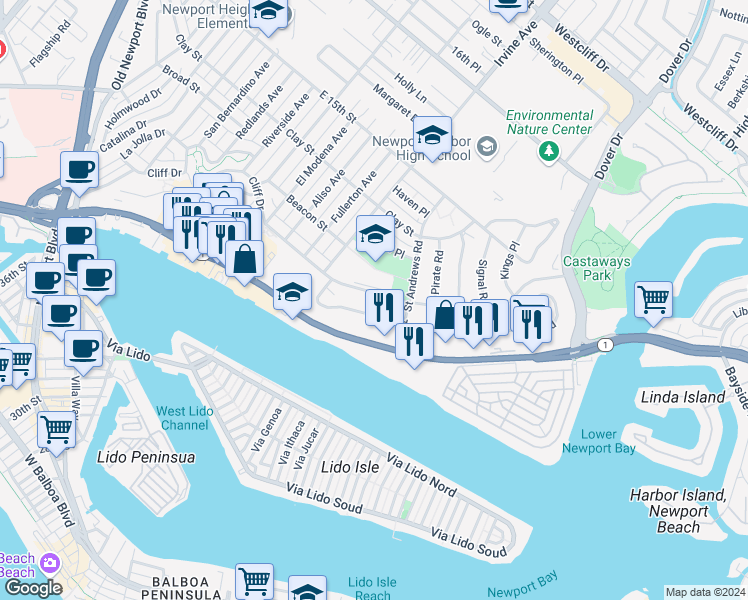 map of restaurants, bars, coffee shops, grocery stores, and more near 1603 Cliff Drive in Newport Beach