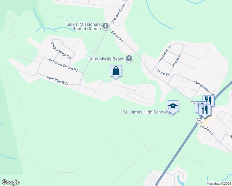 map of restaurants, bars, coffee shops, grocery stores, and more near 6029 Saint Peters Church Road in Myrtle Beach