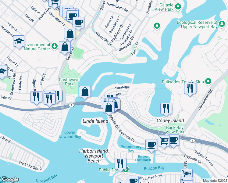 map of restaurants, bars, coffee shops, grocery stores, and more near 11 Saratoga in Newport Beach
