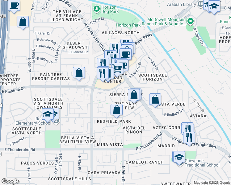 map of restaurants, bars, coffee shops, grocery stores, and more near 9555 East Raintree Drive in Scottsdale