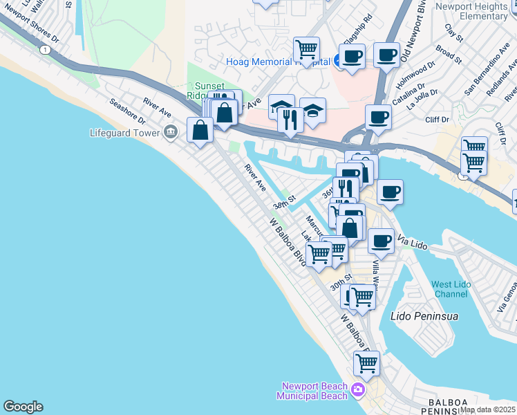 map of restaurants, bars, coffee shops, grocery stores, and more near 128 39th Street in Newport Beach