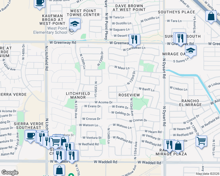 map of restaurants, bars, coffee shops, grocery stores, and more near 13433 West Mauna Loa Lane in Surprise
