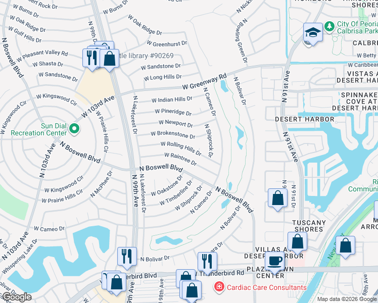 map of restaurants, bars, coffee shops, grocery stores, and more near 9445 West Rolling Hills Drive in Sun City