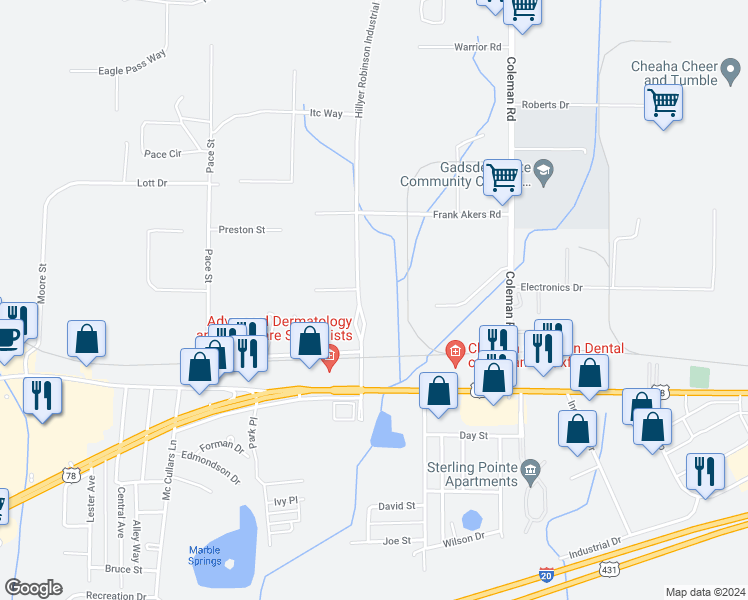 map of restaurants, bars, coffee shops, grocery stores, and more near 1707 Hillyer Robinson Parkway in Oxford