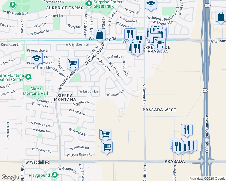 map of restaurants, bars, coffee shops, grocery stores, and more near 17316 West Lisbon Lane in Surprise