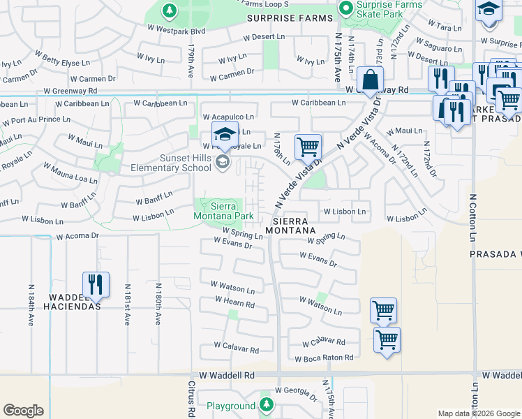 map of restaurants, bars, coffee shops, grocery stores, and more near 14723 North 177th Avenue in Surprise