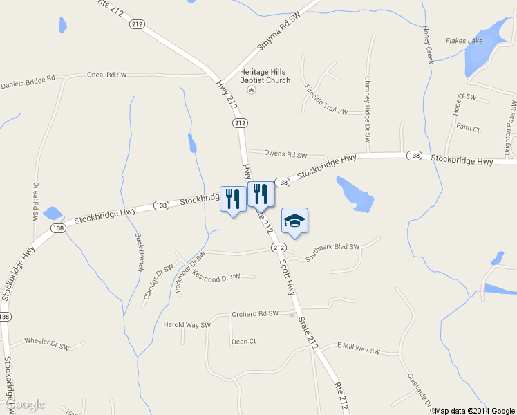 map of restaurants, bars, coffee shops, grocery stores, and more near 2881 Scott Highway in Conyers