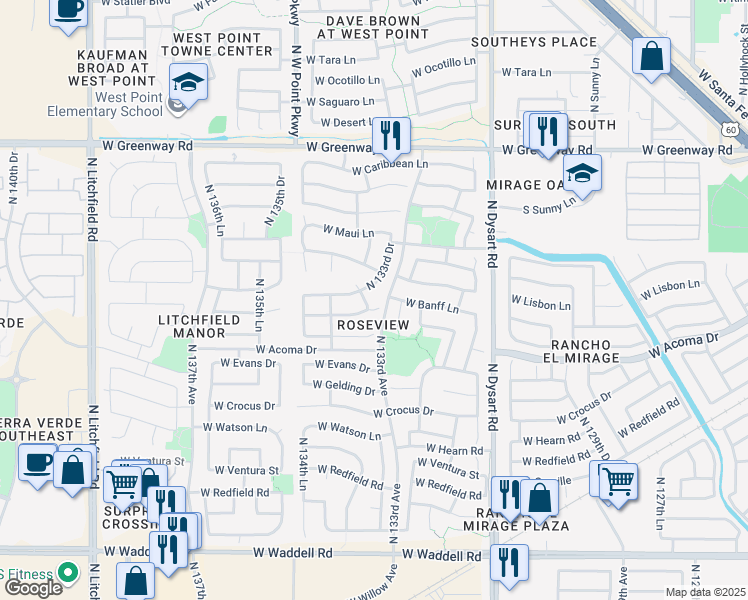 map of restaurants, bars, coffee shops, grocery stores, and more near 13324 West Banff Lane in Surprise