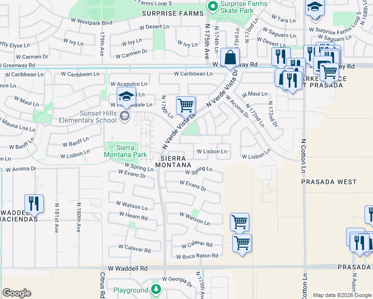 map of restaurants, bars, coffee shops, grocery stores, and more near 14719 North 176th Avenue in Surprise