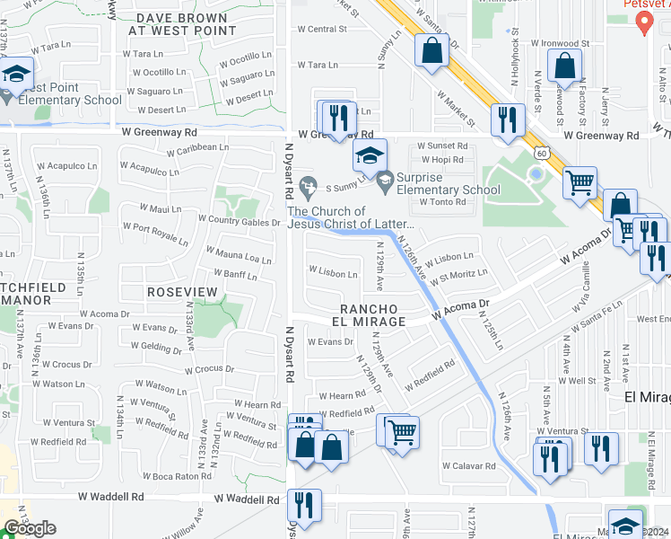 map of restaurants, bars, coffee shops, grocery stores, and more near 13004 West Lisbon Lane in El Mirage