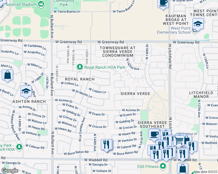 map of restaurants, bars, coffee shops, grocery stores, and more near 14301 West Banff Lane in Surprise