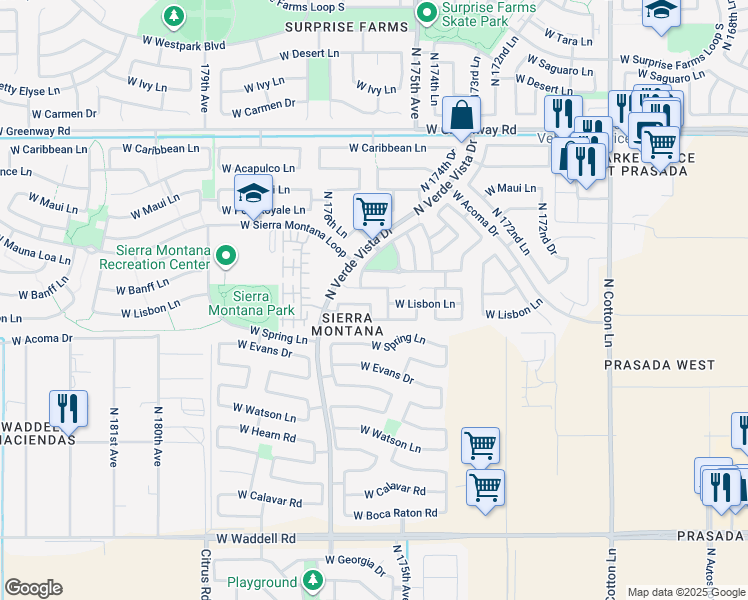 map of restaurants, bars, coffee shops, grocery stores, and more near 14719 North 176th Avenue in Surprise