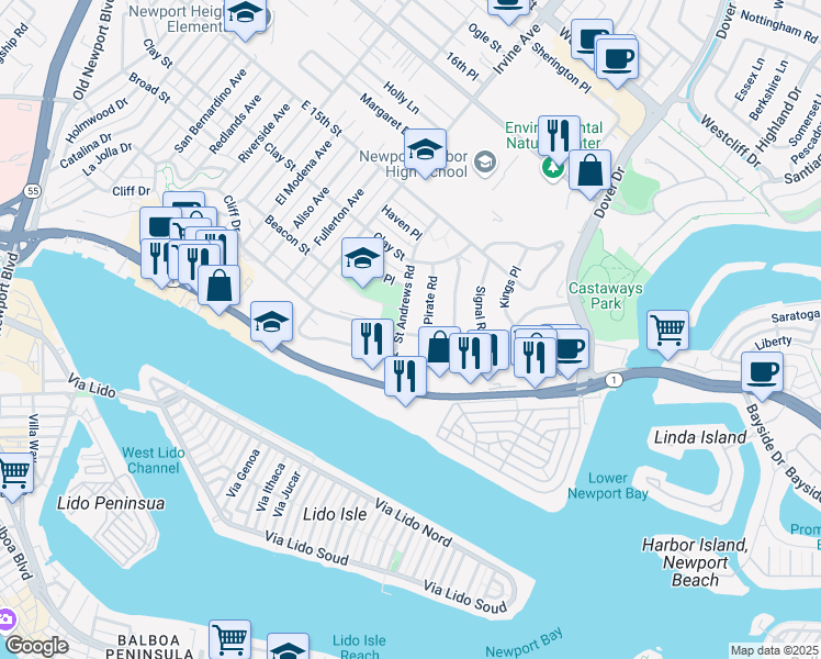 map of restaurants, bars, coffee shops, grocery stores, and more near 1200 Cliff Drive in Newport Beach